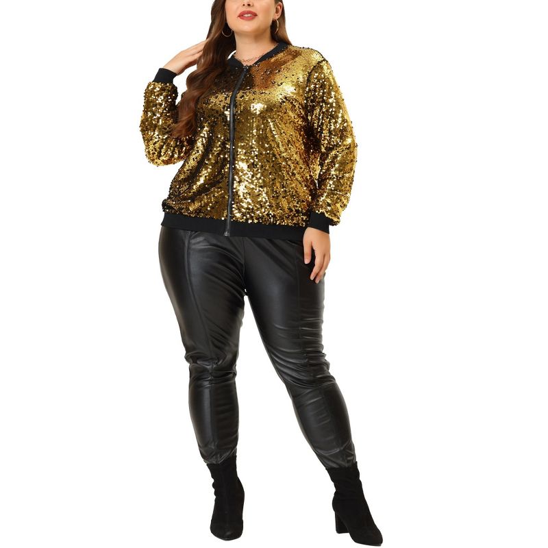 Agnes Orinda Women's Plus Size Party Metallic Sequin Sparkle Zip Bomber Jackets, 2 of 6