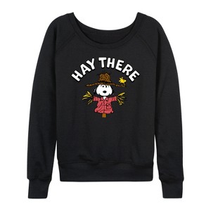 Women's - Peanuts - Snoopy Scarecrow Hay There Lightweight French Terry Wide Neck Long Sleeve Shirt - 1 of 4