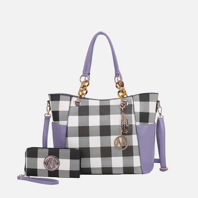 MKF Collection Bonita Checker Tote & Wallet Set - Stylish Vegan Leather Bag by Mia K - Lilac