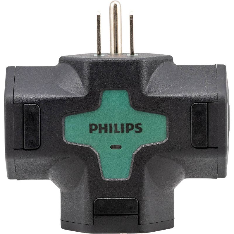 Philips 3-Outlet Heavy Duty Grounded T-Tap with Outlet Covers LED Indicator Light Green, 1 of 10