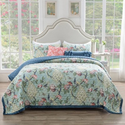 King Blue Reversible Microfiber Quilt Set with Edge Embellishment