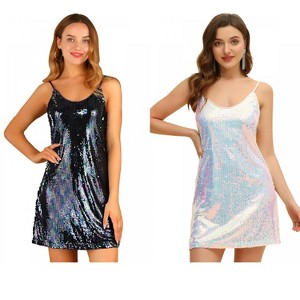 Allegra K Women's Glitter Sequin Spaghetti Strap V Neck Cocktail Sparkly Mini Dress 2 Packs - 1 of 4