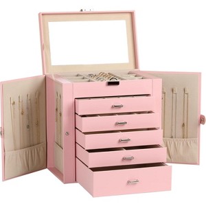 6-Tier Jewelry Box with Mirror, 5 Drawers, PU Leather Organizer - 1 of 4