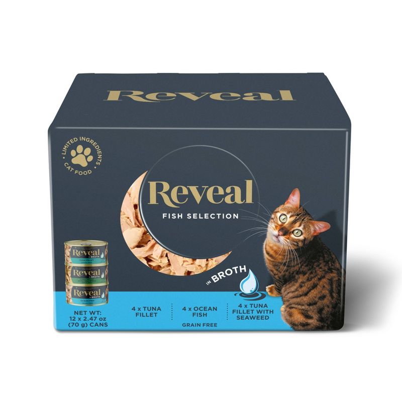 Reveal Pet Food Limited Ingredient Canned Variety of Fish &#38; Tuna Flavors in Broth Grain Free Wet Cat Food - 2.47oz/12ct, 1 of 7
