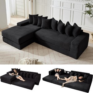Left-Facing L-Shaped Sectional Sofa, Convertible Floor Sleeper Sofa Bed with 8 Pillows & Side Pocket, Corduroy Modular 3-in-1 Sofa, No Assembly - 1 of 4