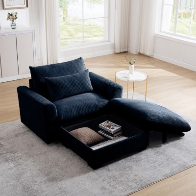 MYINDA Corduroy Deep Seat Single Upholstered Decorative Chair with Storage Ottoman for Living Room/Office,Dark blue