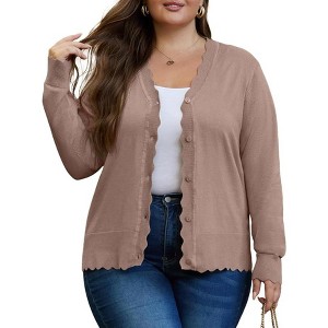 Coolmee Women's Plus Size Cardigan Long Sleeve V-Neck Front Button Down Knit Casual Shrugs Sweater - 1 of 3
