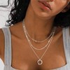 Layered Silver Necklaces for Women, Sterling Silver Stackable Choker Set with Circle Pendant. - 3 of 4