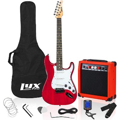 LyxPro 39 inch Electric Guitar Kit Bundle with 20w Amplifier, All Accessories, Digital Clip On Tuner, Six Strings, Two Picks, Tremolo Bar, Shoulder Strap, Case Bag Starter kit Full Size - Red
