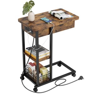 C Shaped End Table with Charging Station, Flip Top Sofa Side Table with USB Ports and Outlets - 1 of 4