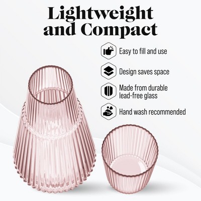 Pink Ribbed Glass Bedside Water Carafe with Tumbler Lid