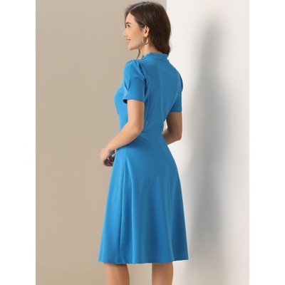Женские платья INSPIRE CHIC Women's Work Short Puffle Sleeve V Neck Collared Midi Dresses Lake Blue X-Large — фото 3