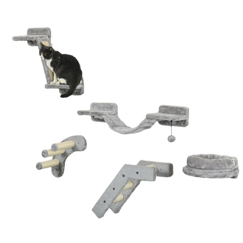 PawHut 5PCs Cat Wall Shelves, Cat Wall Furniture with Steps, Perches, Ladders, Platforms, Wall Mounted Cat Furniture with Soft Plush, Sisal, Gray, 1 of 7
