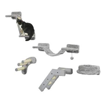 PawHut 5PCs Cat Wall Shelves, Cat Wall Furniture with Steps, Perches, Ladders, Platforms, Wall Mounted Cat Furniture with Soft Plush, Sisal, Gray