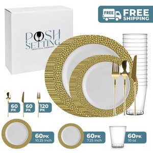 Posh Setting 420 Piece White And Gold Plastic Party Bundle - Hammered (60 Settings) - 1 of 4