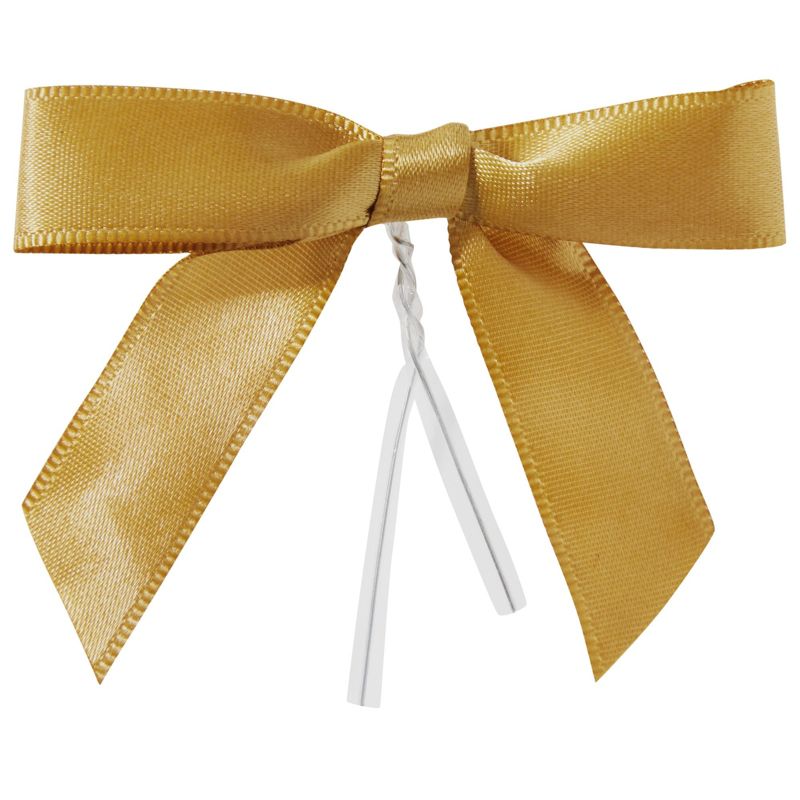 Juvale 100-Pack Twist Tie Bows, Metallic Gold Pre-Tied Satin Ribbon for Gift Wrap Bags, Party Favors, Baked Goods 2.5x3 in, 1 of 10