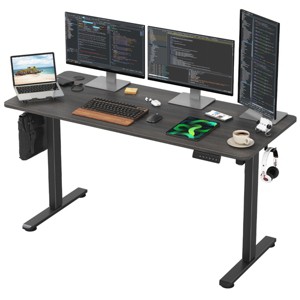GlasFlength Desks Standing Desk Adjustable Height Sit Stand Desk with Splice Board Headphone Hooks for Home Office, Brown, 56.3"*24"*45" - 1 of 4