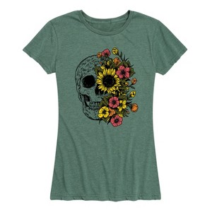 Women's - Instant Message - Half Skull Half Flowers Fall Short Sleeve Graphic T-Shirt - 1 of 4