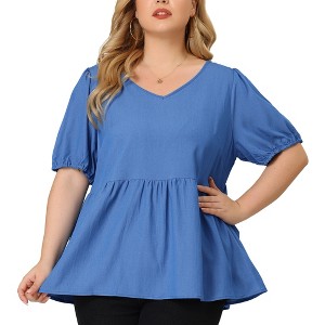 Agnes Orinda Women's Plus Size Blouse Short Sleeve V Neck Chambray Peplum Top - 1 of 4