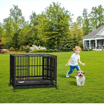 Heavy Duty Dog Cage、Metal Kennel and Crate Dog Playpen for Large Dogs, Dog Crate with Lockable Wheels and Slide-out Tray