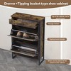 PDTEND Slim Freestanding Shoe Rack Storage Cabinet Organizer with 2 Flip Drawers and 1 Drawer - Rustic Brown - 4 of 4