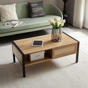 ALEXOUN 40.16Inch Coffee Table - Rattan Design Farmhouse Coffee Table with Storage,Easy to Clean - Center Table for Living Room, Bedroom,Office - 1 of 4