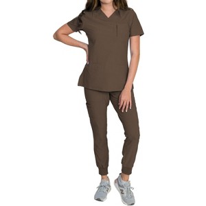 Medgear Fleur Women's Stretch Scrub Set with Zip Chest Pocket Top and Knit Rib Cuffs Jogger Pants - 1 of 4