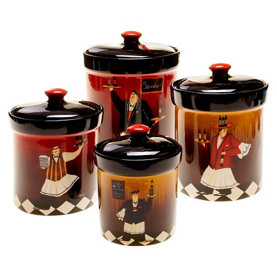 Certified International Bistro Canisters - Set of 4: Ceramic Kitchen Storage, Hand Wash, Red/White/Black, 1-Year Warranty
