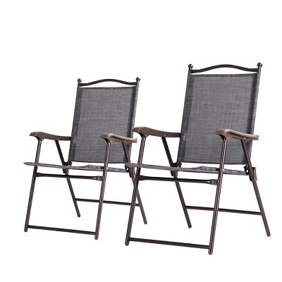 Tangkula 2-Piece Folding Outdoor Patio Chair Sling Back Camping Chair with Armrest & Pillow