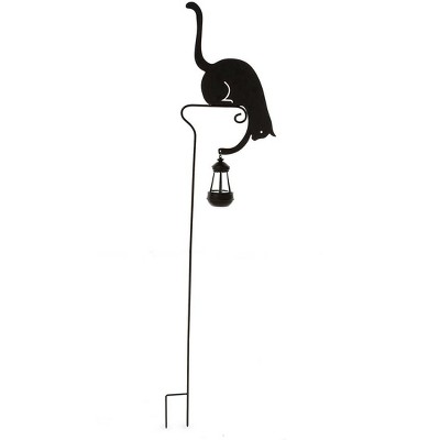 Wind & Weather Black Metal Silhouette Garden Stake of Cat Holding a Solar-Powered Lantern