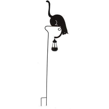 Wind & Weather Black Metal Silhouette Garden Stake of Cat Holding a Solar-Powered Lantern