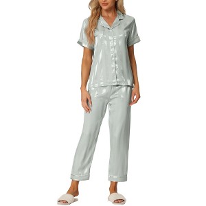 cheibear Women's Satin Button Down Short Sleeve Sleepwear with Long Pants Pajama Set - 1 of 4