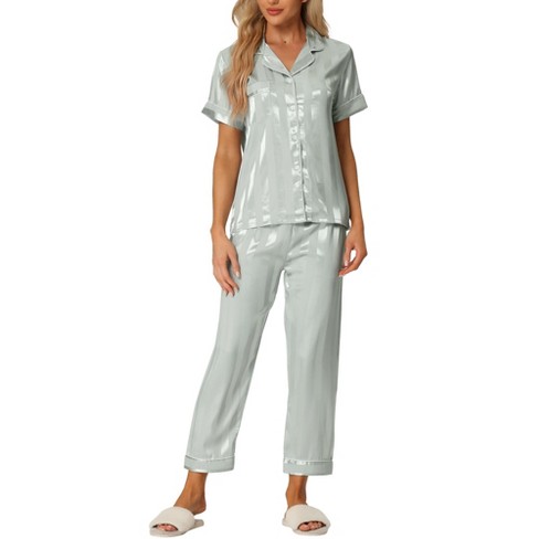 Cheibear Women's Satin Button Down Short Sleeve Sleepwear With Long Pants  Pajama Set Light Green Small : Target