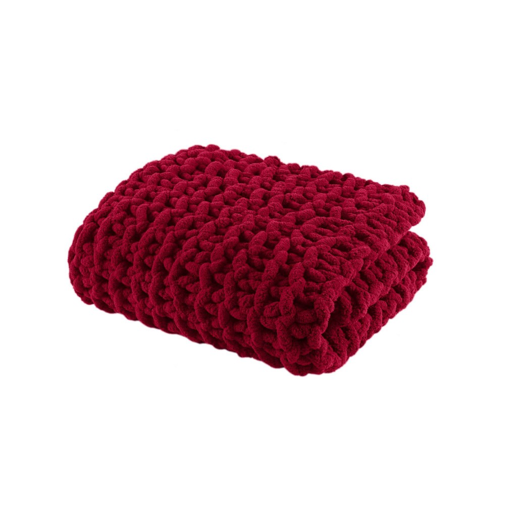 50"x60" Chenille Chunky Knit Throw Blanket Red - Madison Park: Cozy Polyester, Year-Round Comfort, OEKO-TEX Certified