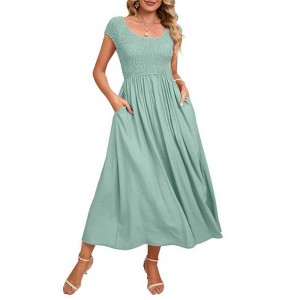 Coolmee Women's Summer Dress Casual Short Sleeve Crew Neck Smocked Elastic Waist Tiered Midi Dress - 1 of 4