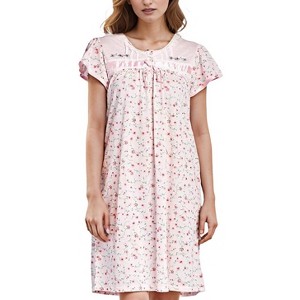 YafeMarte Women’s Short Sleeve Soft Cotton Blend Knit with Lace Trim and Embroidered Yoke and Satin Bow Nightgown - 1 of 4