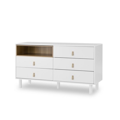 Dresser Closet, 5 Drawer Dresser With Leather Handles, 5 Drawers, Open Storage Compartment, Solid Wood Legs Buffet Cabinet