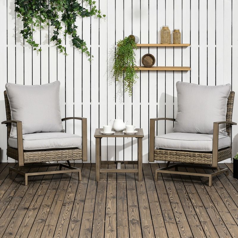 Outsunny 3-Piece Patio Bistro Set, PE Rattan Wicker Outdoor Furniture with Soft Cushions, 2 Rocking Chairs, Slatted Coffee Table, 3 of 7