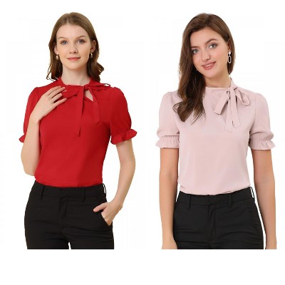 Allegra K Women's Elegant Bow Tie Neck Elastic Cuffs Office Short Sleeve Blouse 2 Pcs