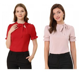 Allegra K Women's Elegant Bow Tie Neck Elastic Cuffs Office Short Sleeve Blouse 2 Pcs - 1 of 4