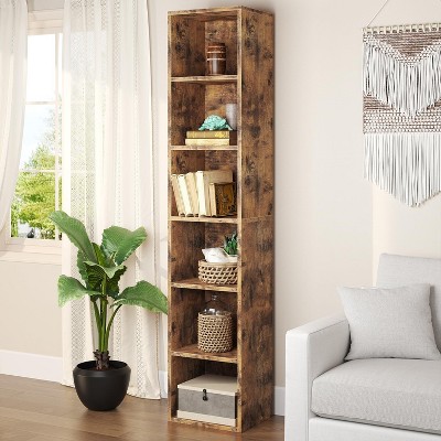 aoxun Tall Narrow Bookshelf, 6-Tier Cube Display Rack, Modern Corner Bookshelf, Storage Cabinet for Home Office, Home Decorative Furniture, Brown