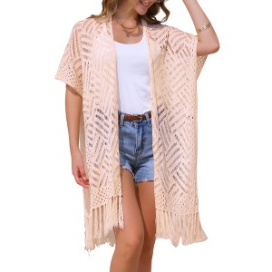 INSPIRE CHIC Women's Boho Open Front Short Sleeve Lightweight Fringe Beach Knit Cardigans - 1 of 4