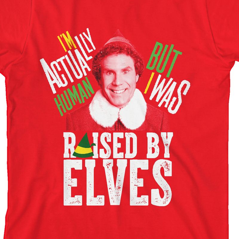 Elf Movie "I'm Actually Human But I Was Raised By Elves" Youth Red Graphic Tee, 2 of 4