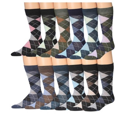 JAMES FIALLO Mens 12 Pairs Heathered Colored Argyle Colorful Patterned Dress Socks for Men