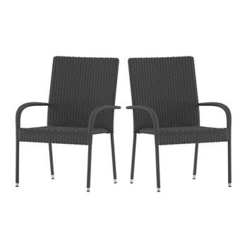 Merrick Lane Set of Indoor/Outdoor Black Wicker Patio Chairs with Powder Coated Steel Frame, Comfortably Curved Back and Arms
