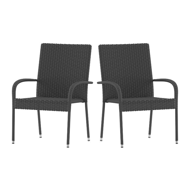 Merrick Lane Set of Indoor/Outdoor Black Wicker Patio Chairs with Powder Coated Steel Frame, Comfortably Curved Back and Arms, 1 of 11