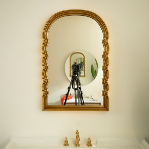 GDFStudio Soren Modern Faux Leather Wall Mirror with Arched Golden Scalloped Sides and 3-Color Adjustable Light - 1 of 4