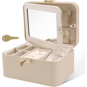 Two-Layer Jewelry Organizer Box with Large Mirror, Lock, and Hidden Hooks, Bluish Grey. - 1 of 4