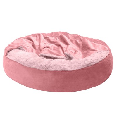 Medium Soft Pink Velvet Hooded Donut Pet Bed