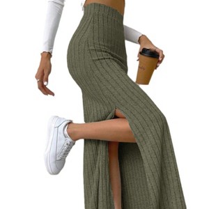 Women's Casual Solid High Waisted Skirt Ribbed Knit Stretchy Side Split Slim Fit Skirt Thigh Bodycon Maxi Skirt - 1 of 4